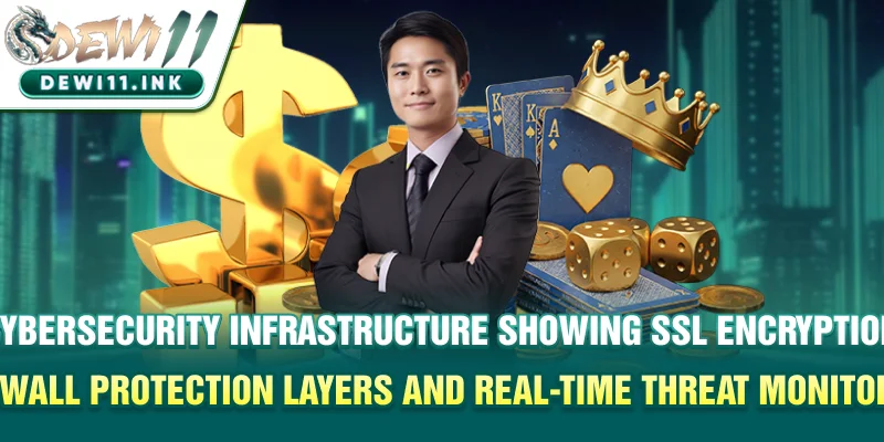 Cybersecurity infrastructure showing SSL encryption, firewall protection layers, and real-time threat monitoring system
