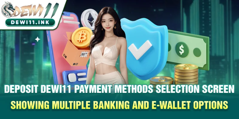Deposit Dewi11 payment methods selection screen showing multiple banking and e-wallet options