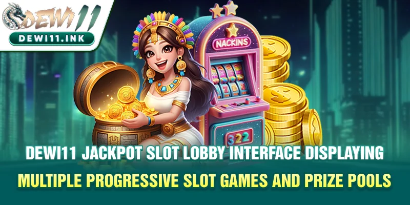 Dewi11 jackpot slot lobby interface displaying multiple progressive slot games and prize pools