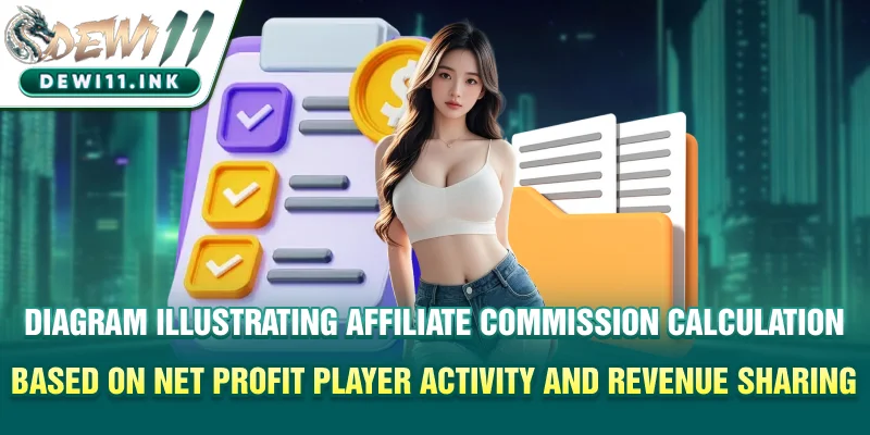 Diagram illustrating affiliate commission calculation based on net profit, player activity, and revenue sharing structure