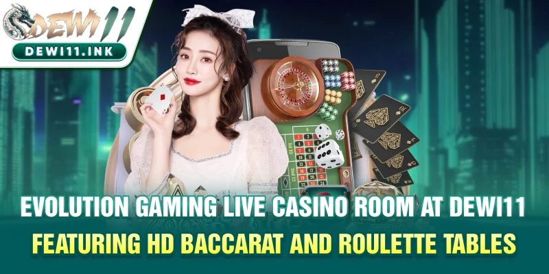 Evolution Gaming live casino room at Dewi11 featuring HD baccarat and roulette tables
