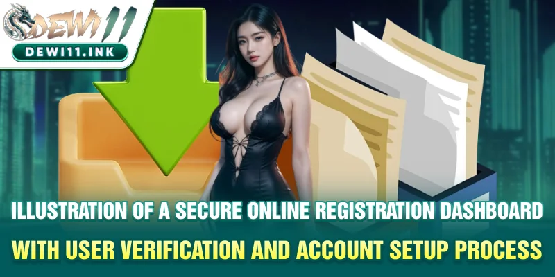 Illustration of a secure online registration dashboard with user verification and account setup process