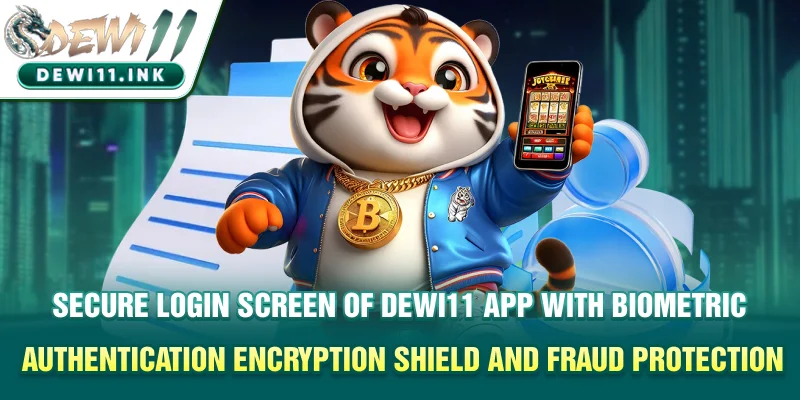 Secure login screen of Dewi11 app with biometric authentication, encryption shield, and fraud protection system