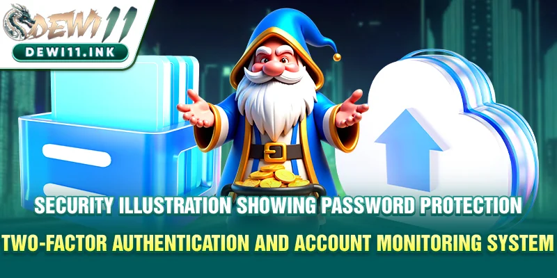Security illustration showing password protection, two-factor authentication, and account monitoring system