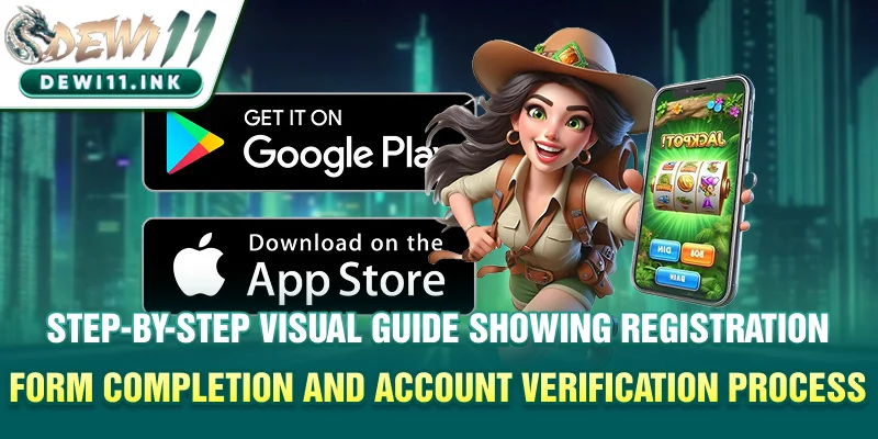 Step-by-step visual guide showing registration form completion and account verification process