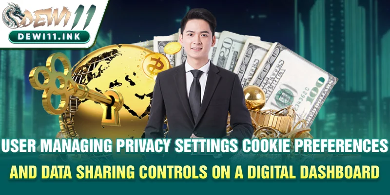 User managing privacy settings, cookie preferences, and data sharing controls on a digital dashboard